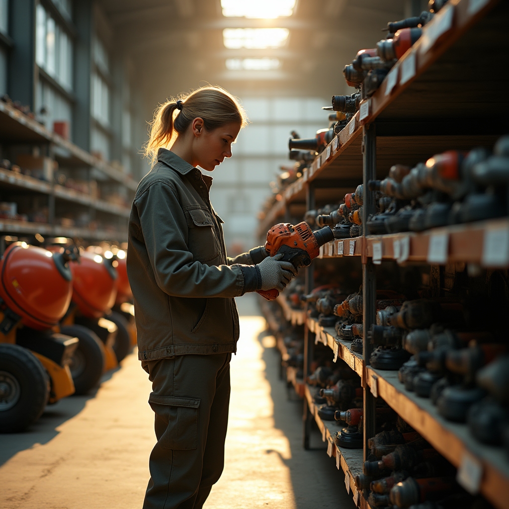 Rows of used construction power tools laid out for inspection before an equipment auction
