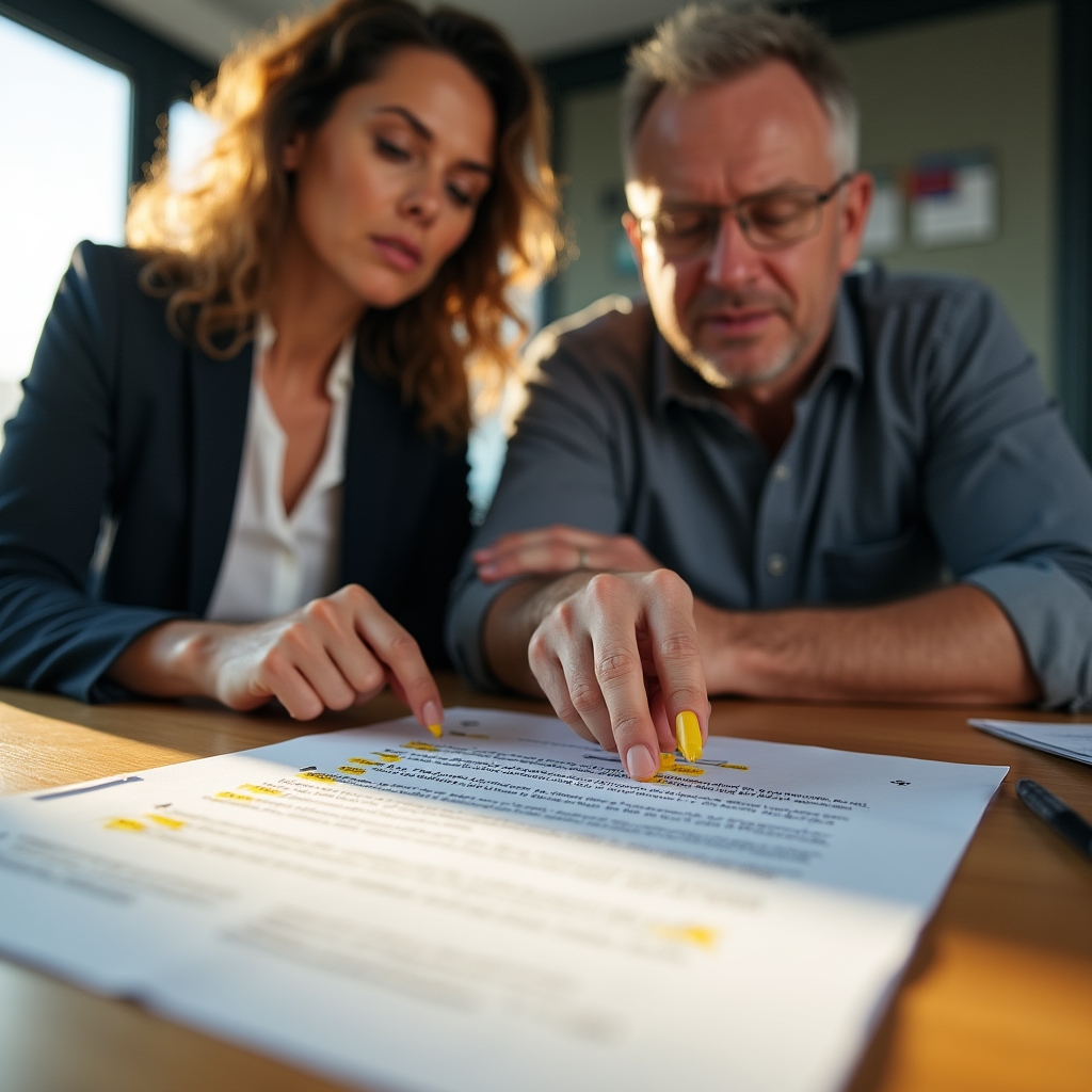Close-up of an insurance policy document being reviewed with equipment rental terms highlighted