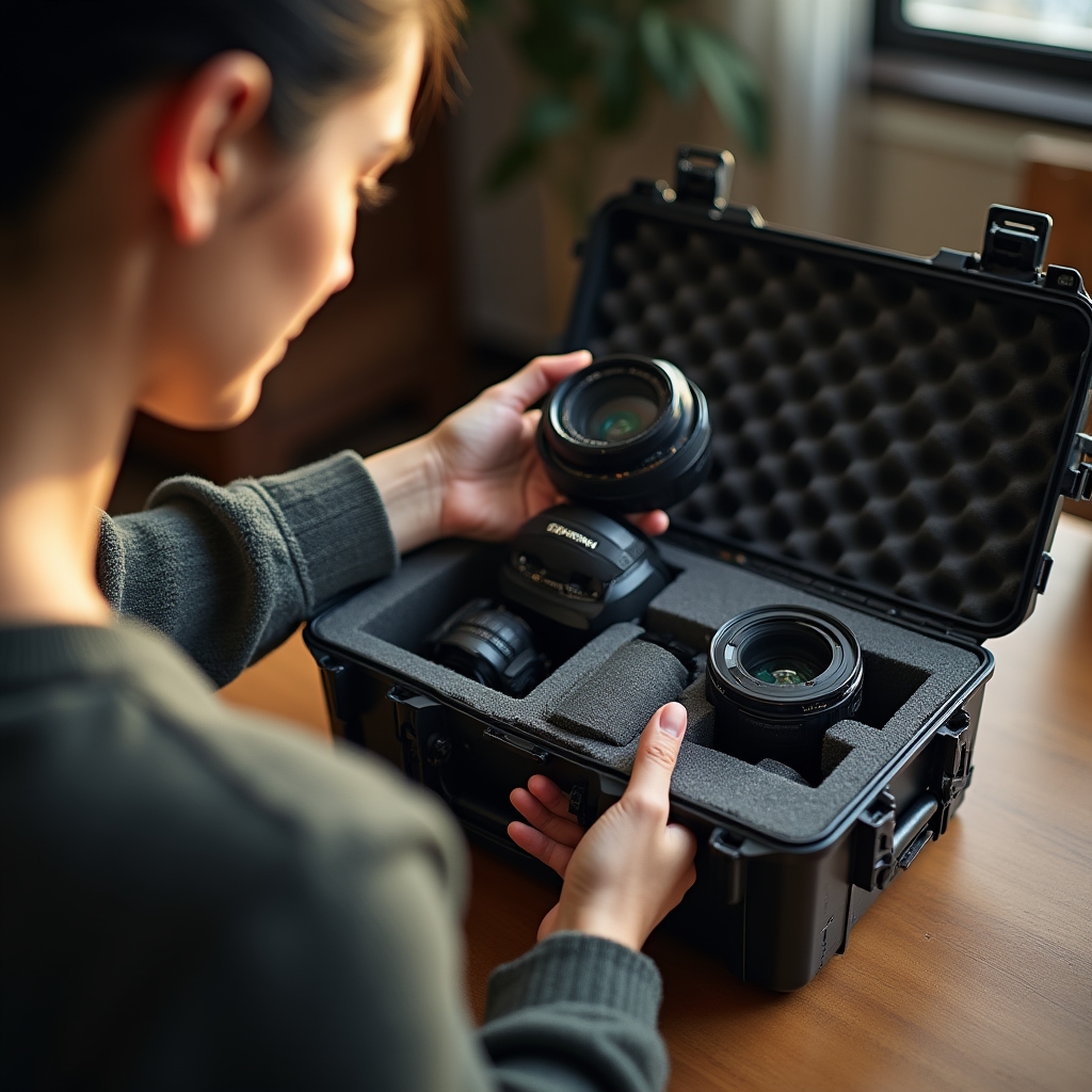 Camera body and lenses arranged in a padded equipment case for rental