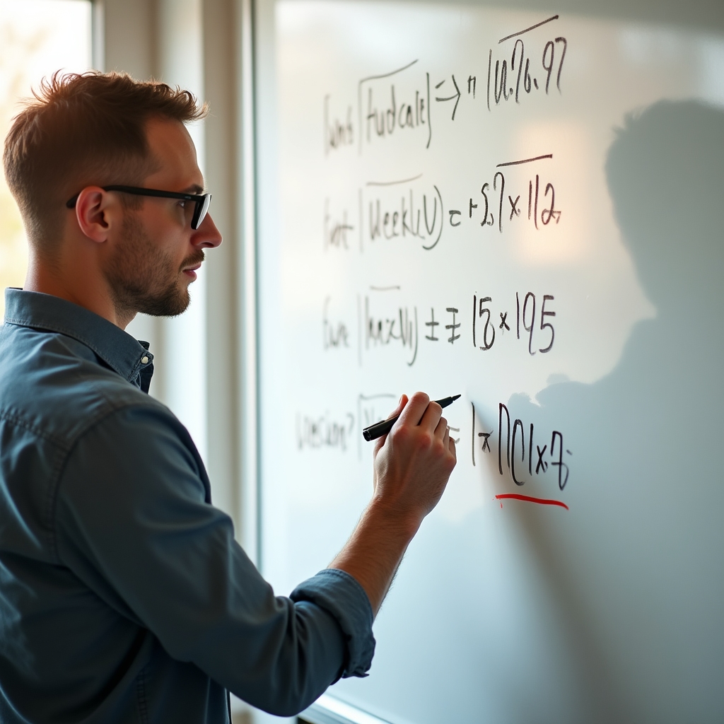 Whiteboard session showing hourly, daily and weekly rental pricing calculations in PLN